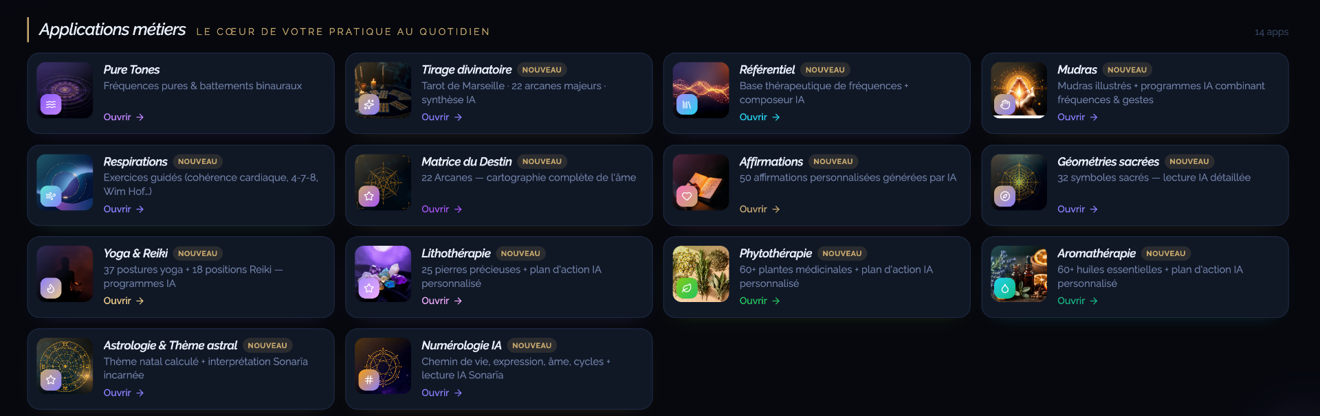 Vue d'ensemble des applications Sonarïa pour thérapeutes holistiques