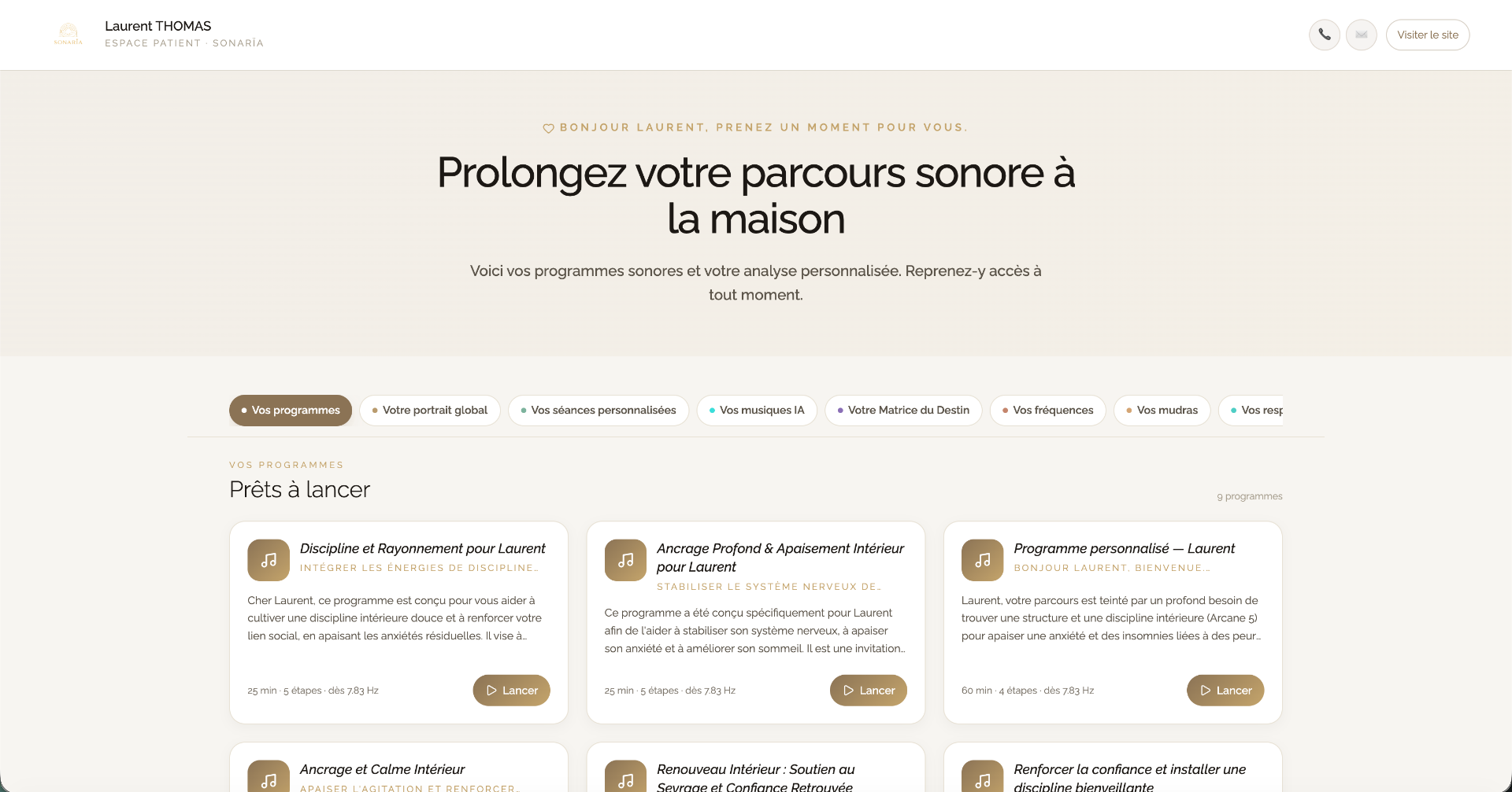 Interface client Sonarïa personnalisée aux couleurs du praticien