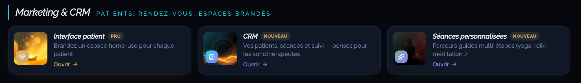 Aperçu CRM Sonarïa — fiches patient, séances et bilans dans une seule interface